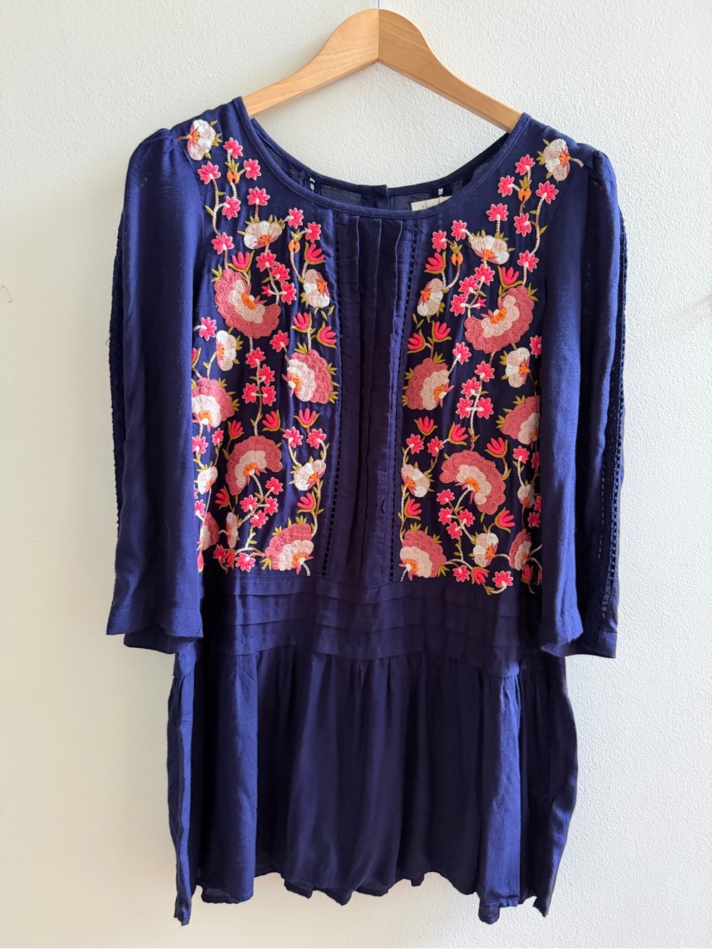 Anthropologie Navy Floral Embroidered Long-Sleeve Dress